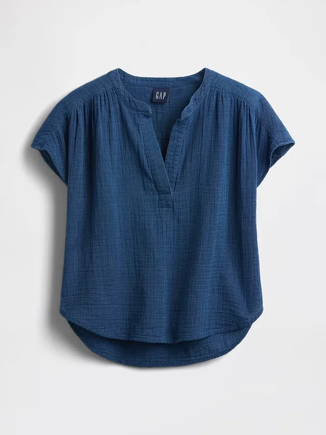Oversized denimtop van katoenen gaas met gespleten hals