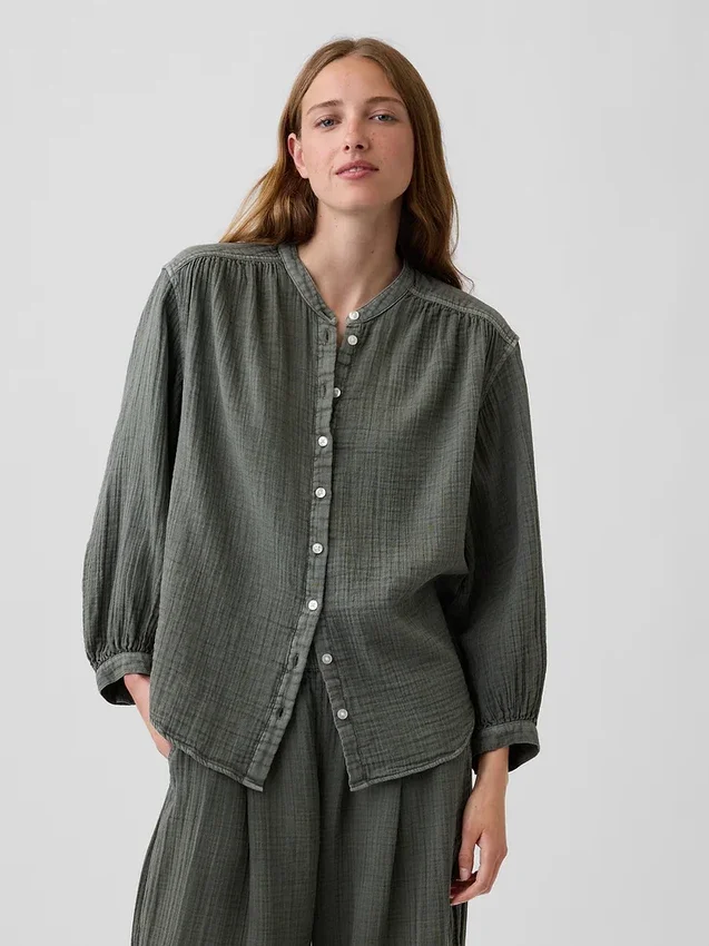 Oversized katoenen gaasoverhemd zonder kraag
