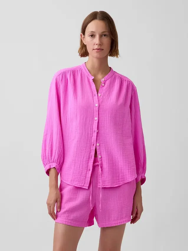 Oversized katoenen gaasoverhemd zonder kraag