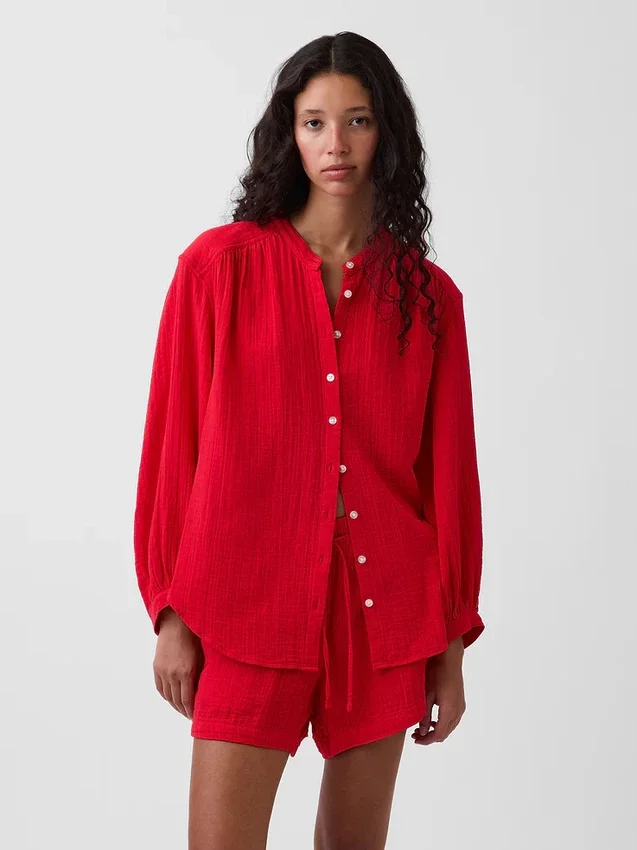 Oversized katoenen gaasoverhemd zonder kraag