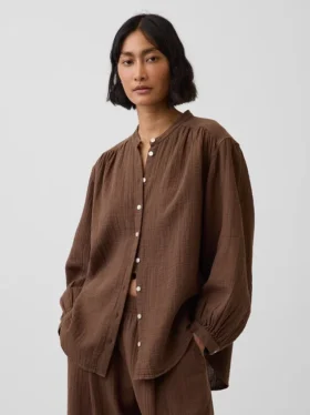 Oversized katoenen gaasoverhemd zonder kraag