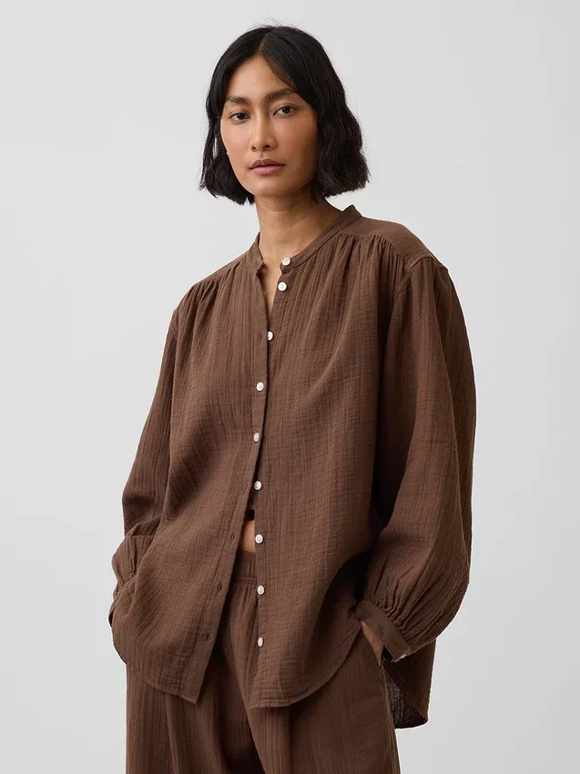 Oversized katoenen gaasoverhemd zonder kraag