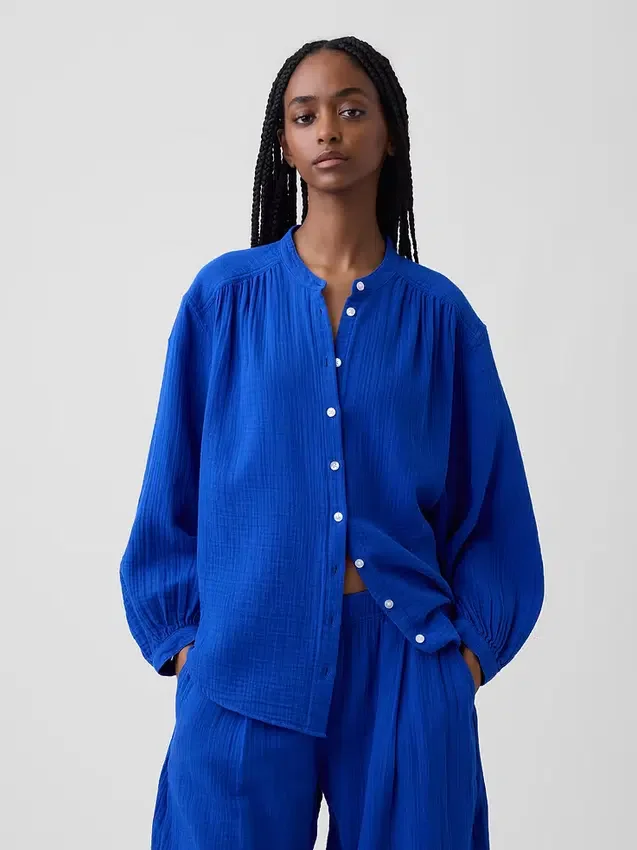 Oversized katoenen gaasoverhemd zonder kraag
