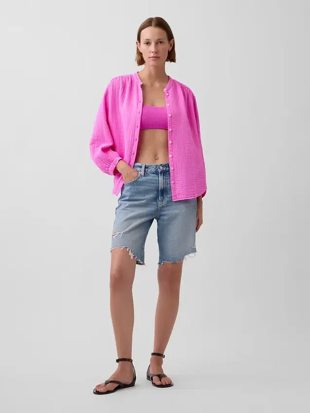 Oversized katoenen gaasoverhemd zonder kraag