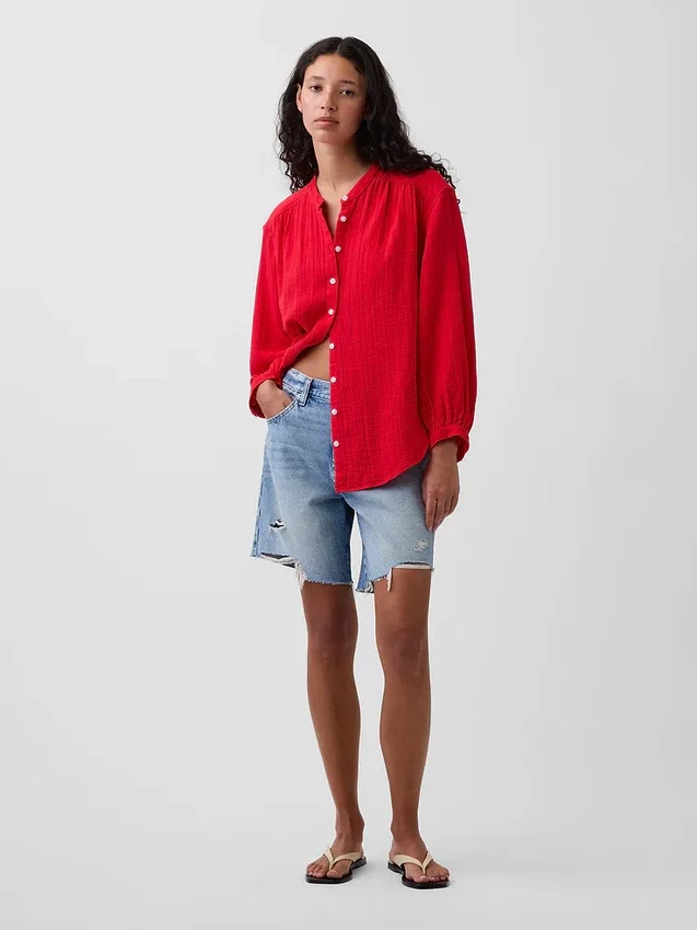 Oversized katoenen gaasoverhemd zonder kraag