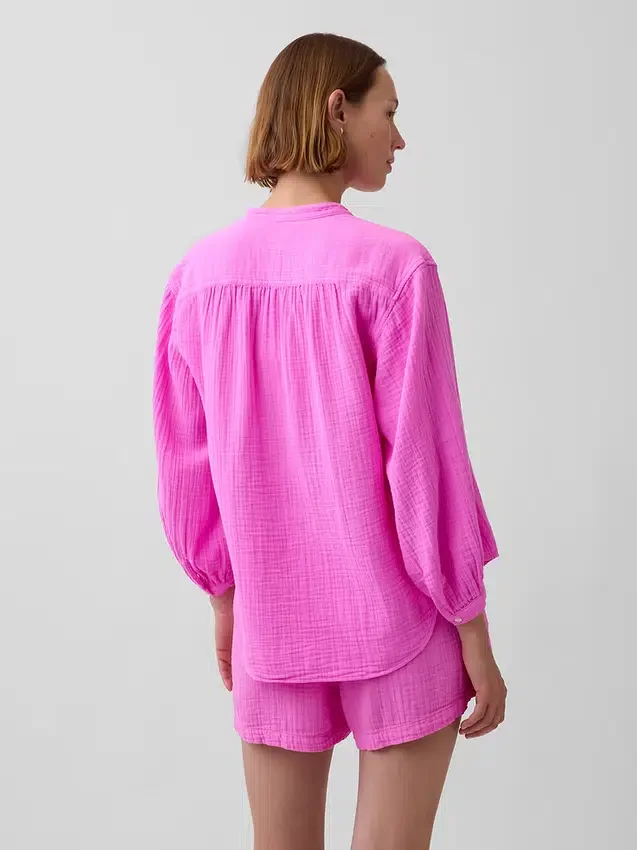 Oversized katoenen gaasoverhemd zonder kraag