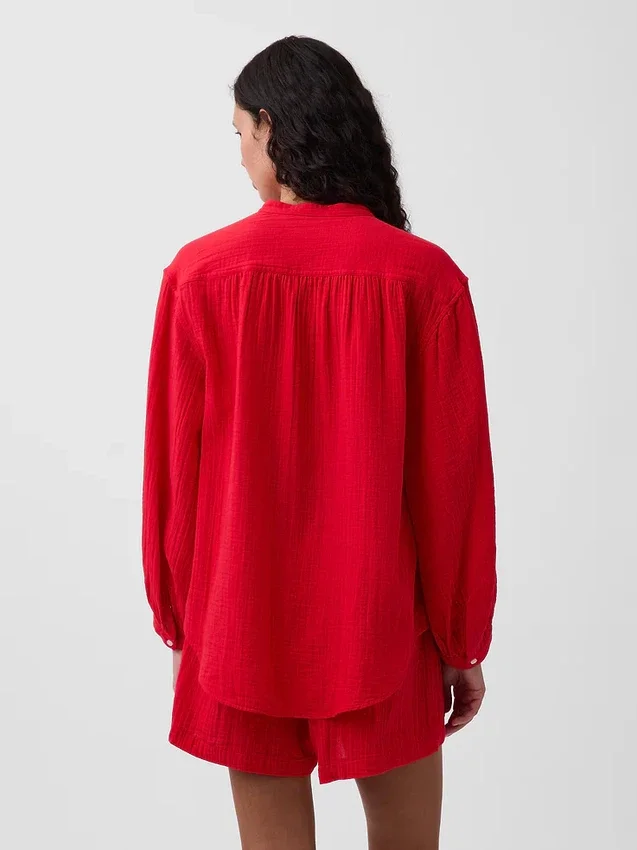 Oversized katoenen gaasoverhemd zonder kraag