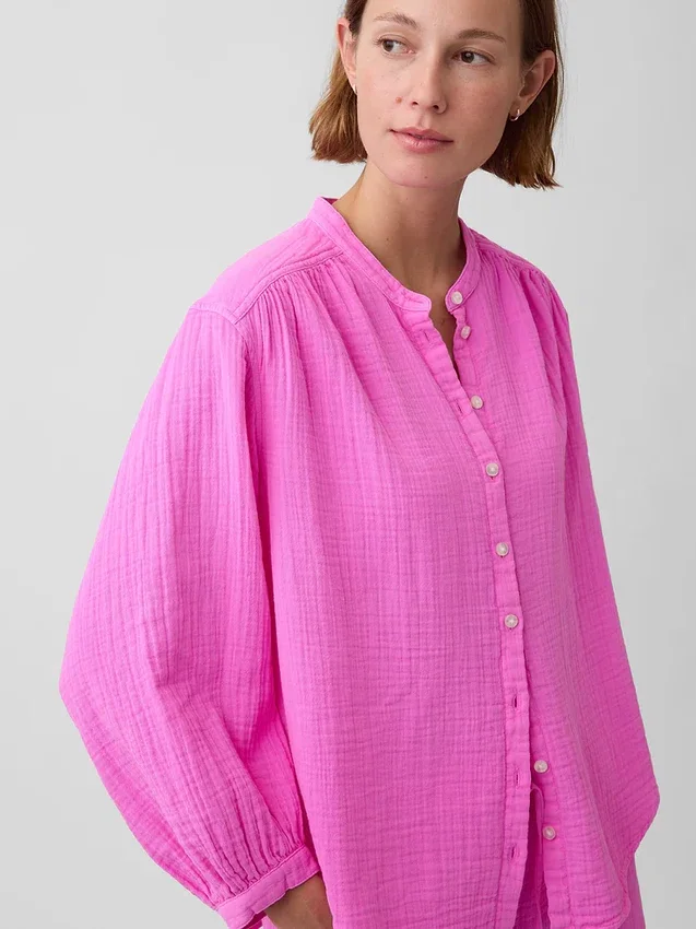 Oversized katoenen gaasoverhemd zonder kraag
