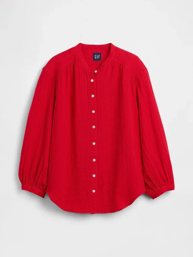 Oversized katoenen gaasoverhemd zonder kraag