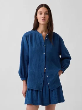 Oversized kraagloos overhemd van katoenen gaasdenim