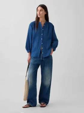 Oversized kraagloos overhemd van katoenen gaasdenim