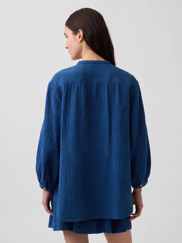 Oversized kraagloos overhemd van katoenen gaasdenim