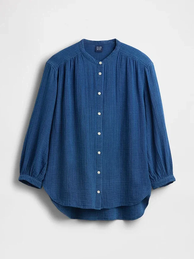 Oversized kraagloos overhemd van katoenen gaasdenim