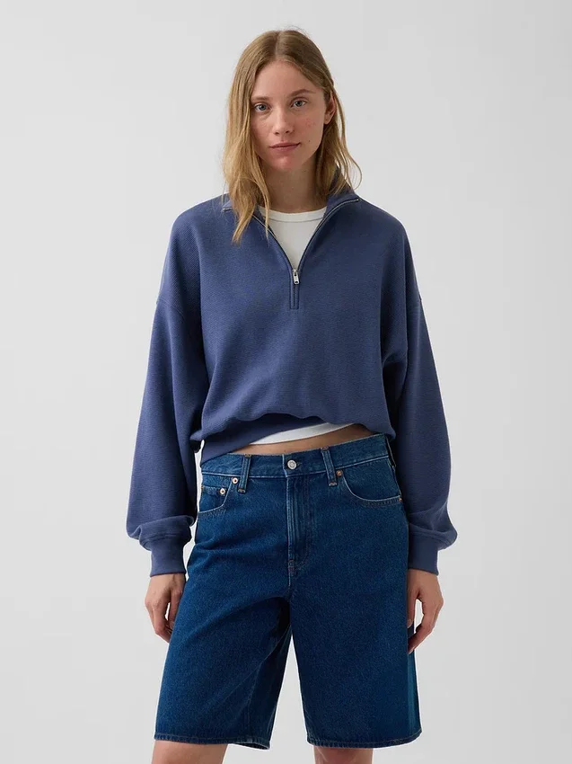 Oversized pullover van gestructureerd katoen met halve rits