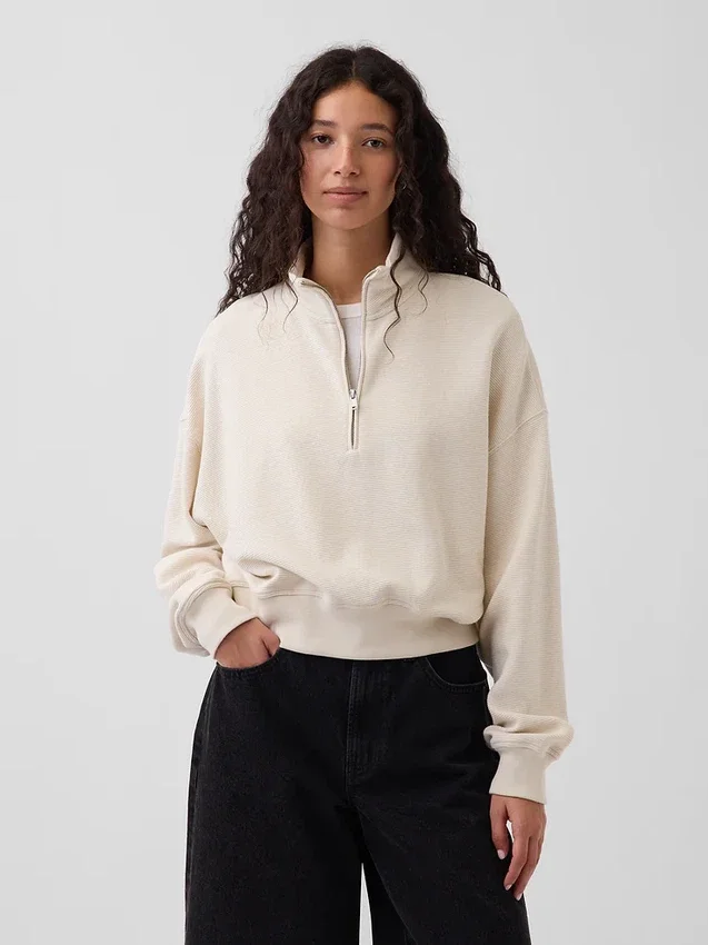 Oversized pullover van gestructureerd katoen met halve rits