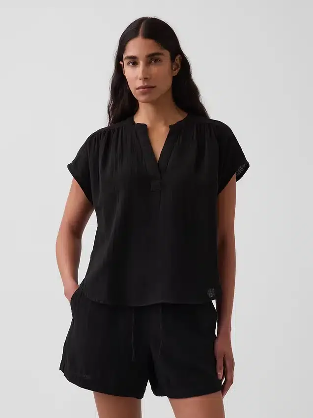 Oversized top met gespleten hals van katoenen gaas
