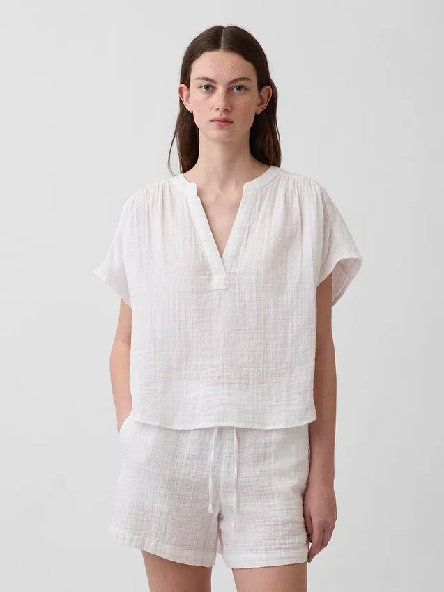 Oversized top met gespleten hals van katoenen gaas