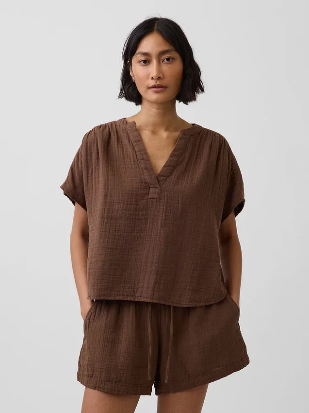 Oversized top met gespleten hals van katoenen gaas