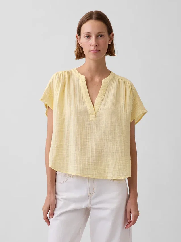 Oversized top met gespleten hals van katoenen gaas