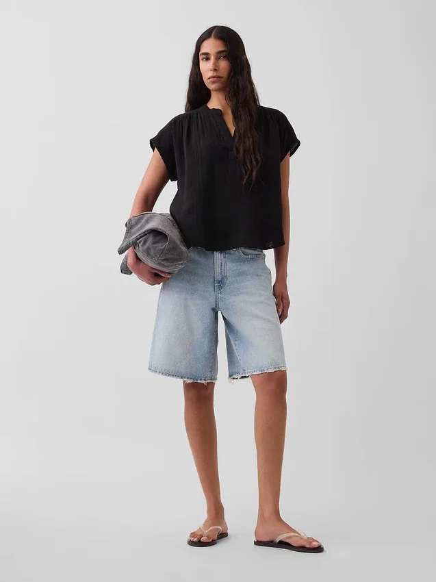 Oversized top met gespleten hals van katoenen gaas