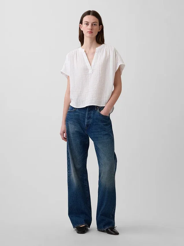 Oversized top met gespleten hals van katoenen gaas