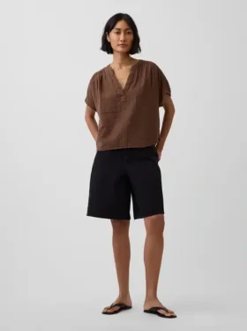 Oversized top met gespleten hals van katoenen gaas