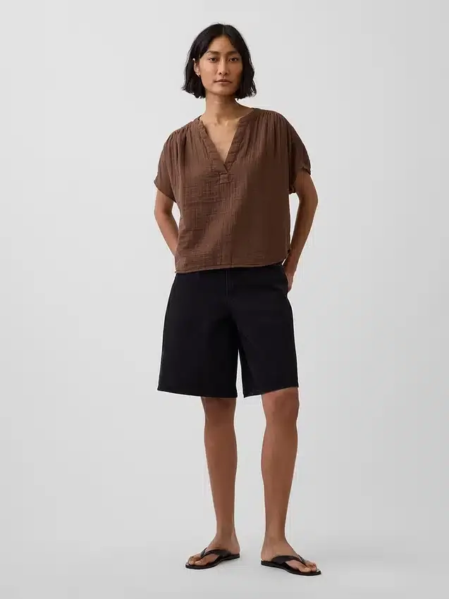 Oversized top met gespleten hals van katoenen gaas