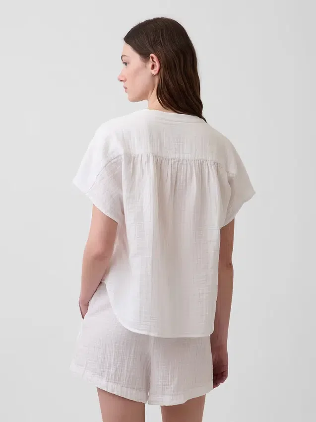 Oversized top met gespleten hals van katoenen gaas