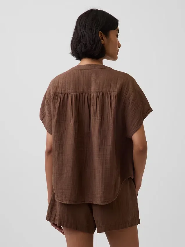 Oversized top met gespleten hals van katoenen gaas