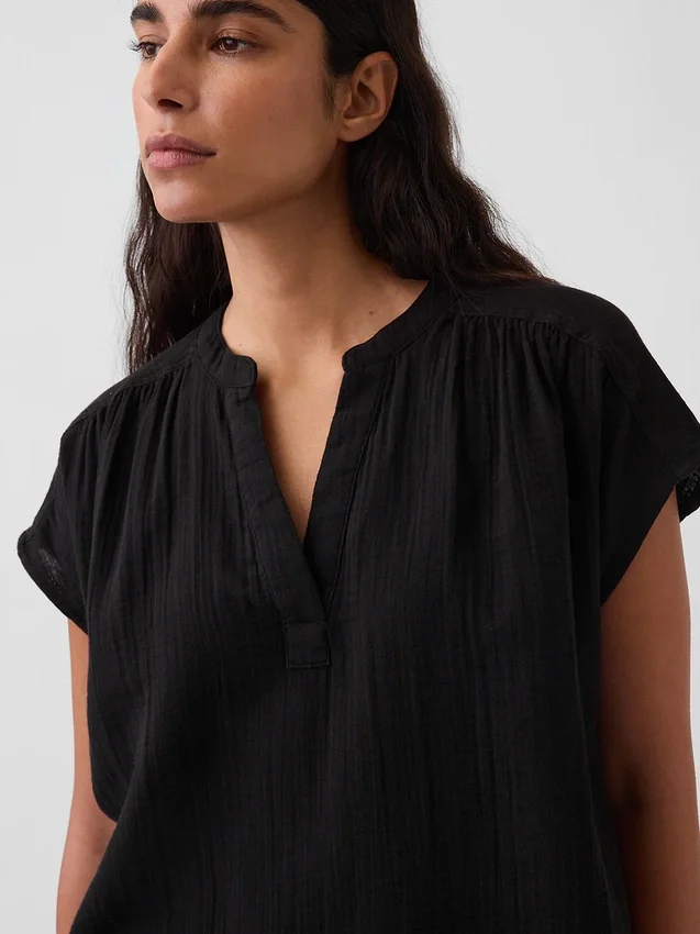 Oversized top met gespleten hals van katoenen gaas