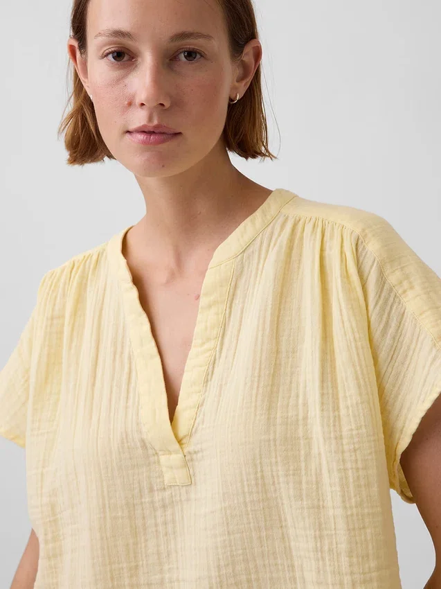Oversized top met gespleten hals van katoenen gaas