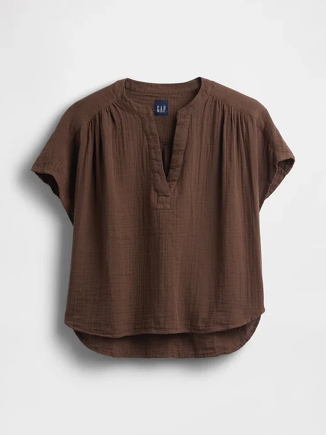 Oversized top met gespleten hals van katoenen gaas