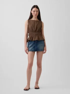 Peplumtop van katoenen gaas met gesmokte taille