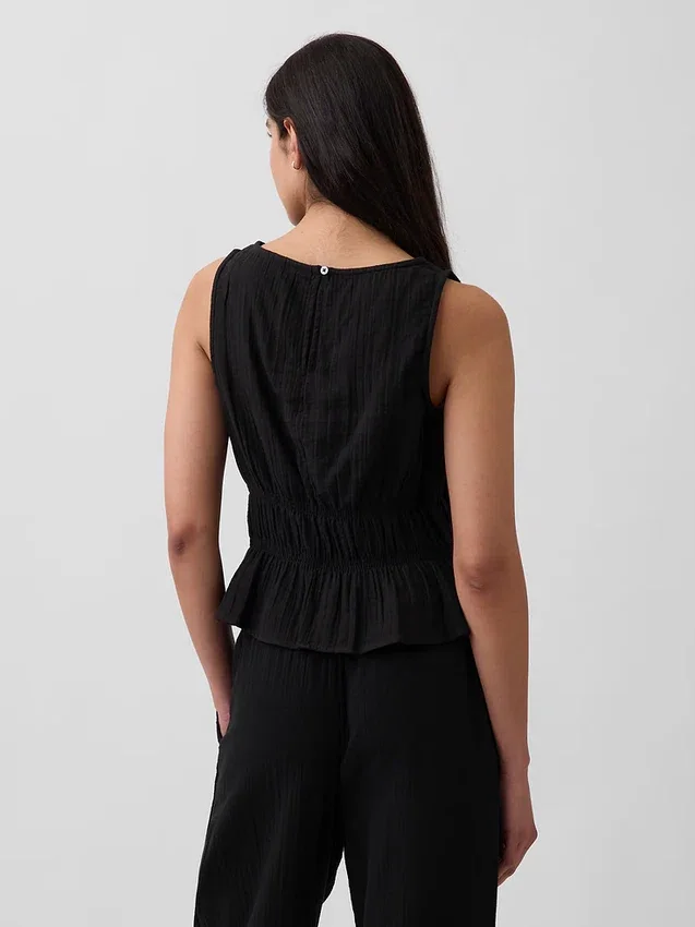 Peplumtop van katoenen gaas met gesmokte taille