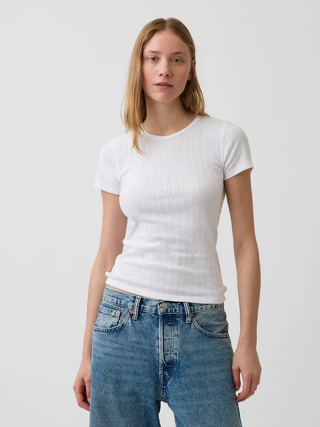 Pointelle T-shirt met ronde hals