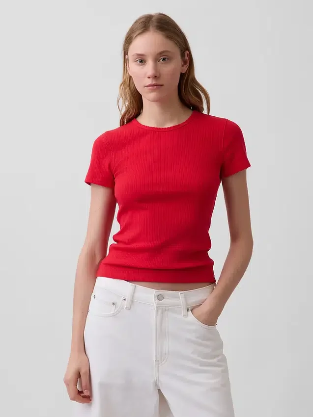 Pointelle T-shirt met ronde hals