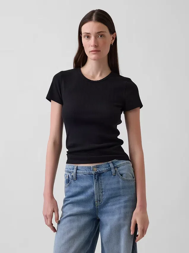 Pointelle T-shirt met ronde hals