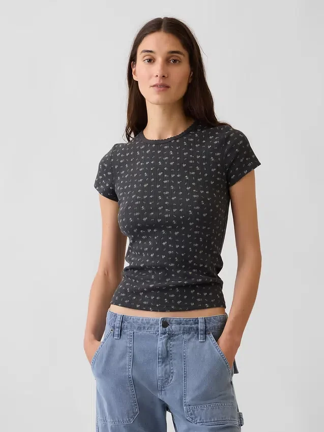 Pointelle T-shirt met ronde hals