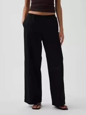 Popeline broek met middelhoge taille, relaxte pasvorm en wijde pijpen