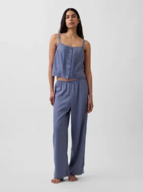 Pyjama-broek van linnenmix met kanten zoom