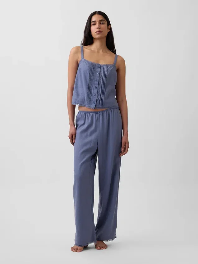 Pyjama-broek van linnenmix met kanten zoom
