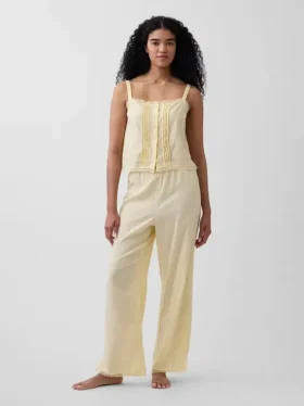 Pyjama-broek van linnenmix met kanten zoom