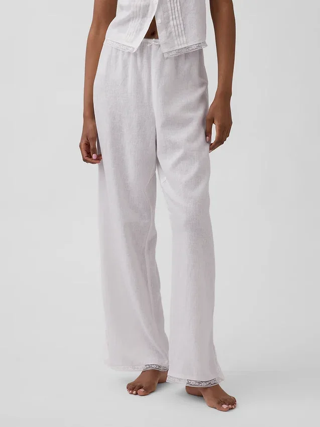 Pyjama-broek van linnenmix met kanten zoom