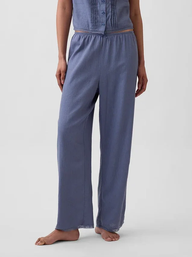 Pyjama-broek van linnenmix met kanten zoom