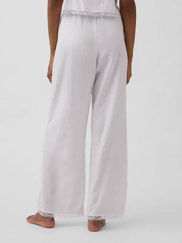 Pyjama-broek van linnenmix met kanten zoom