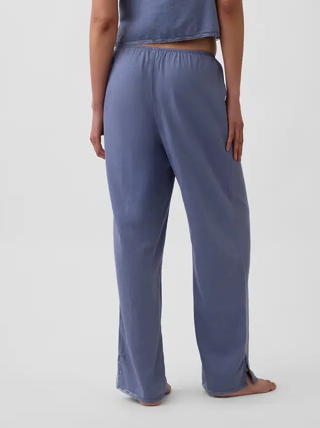 Pyjama-broek van linnenmix met kanten zoom