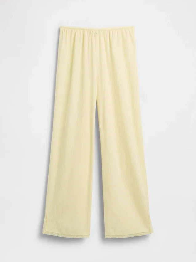 Pyjama-broek van linnenmix met kanten zoom
