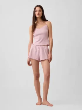 Pyjama-korte broek met pointelle-patroon en gekrulde zoom