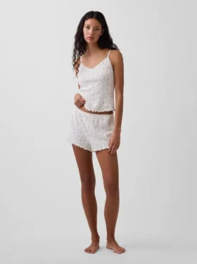 Pyjama-korte broek met pointelle-patroon en gekrulde zoom