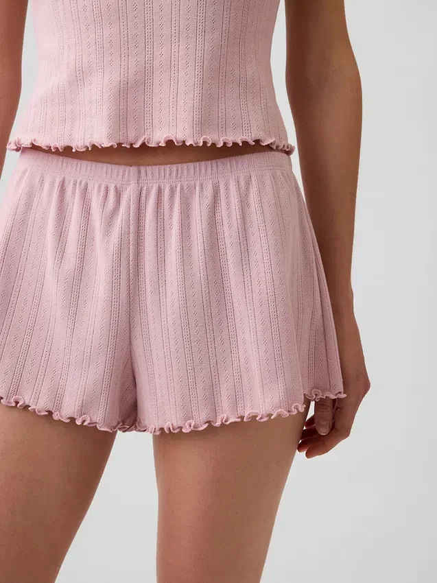 Pyjama-korte broek met pointelle-patroon en gekrulde zoom
